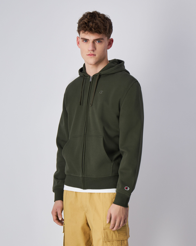 Felpa con cappuccio e cerniera e con logo C tono su tono Verde Uomo