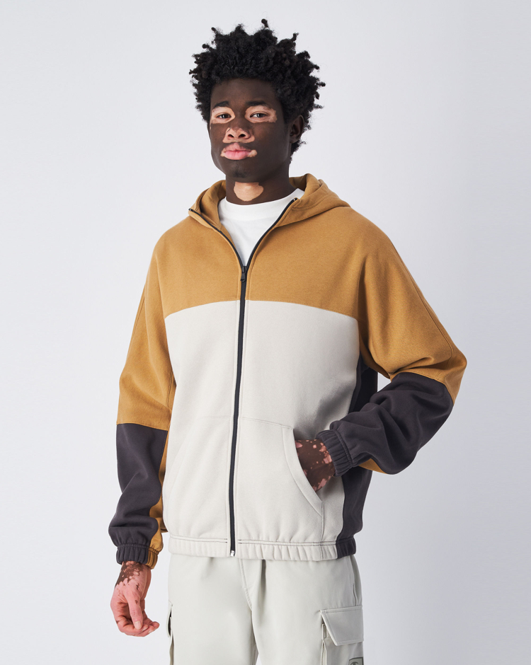 Felpa Colour Block con cappuccio e cerniera Marrone Uomo